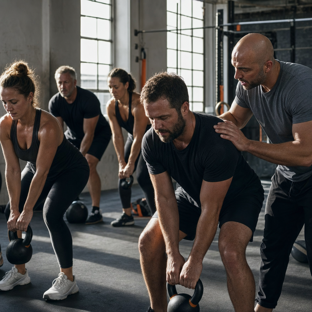 Ομάδα που προπονείται με kettlebells υπό την επίβλεψη προπονητή